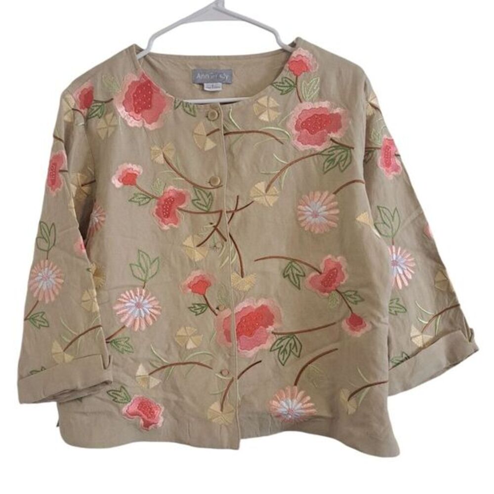Ann Trinity Linen Blazer Jacket Size Large Floral Embroidered Button Lined Beads
